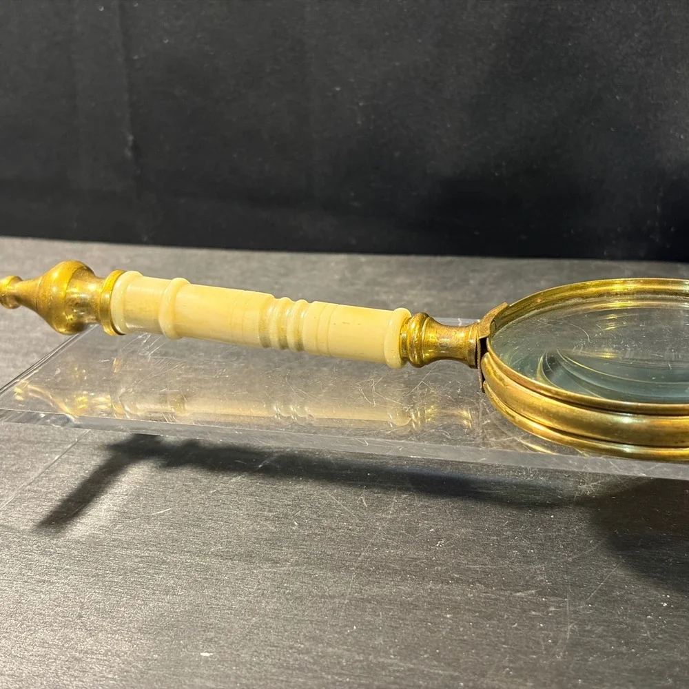Vintage Brass Handheld Magnifying Glass Cream Turned Handle Large 4 Inch Lens